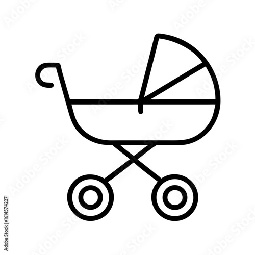 Vector art of a simple black line art icon representing a baby carriage or stroller symbolizing transportation and care for infants