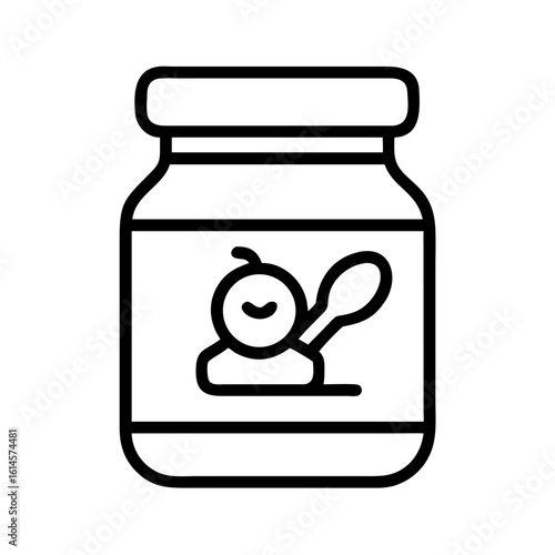 Vector art of a simple black and white outline icon of a baby food jar with a spoon and a happy baby face on the label