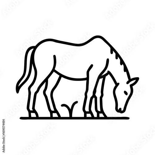 Vector art of a simple black and white line drawing illustration of a horse grazing peacefully in a grassy field