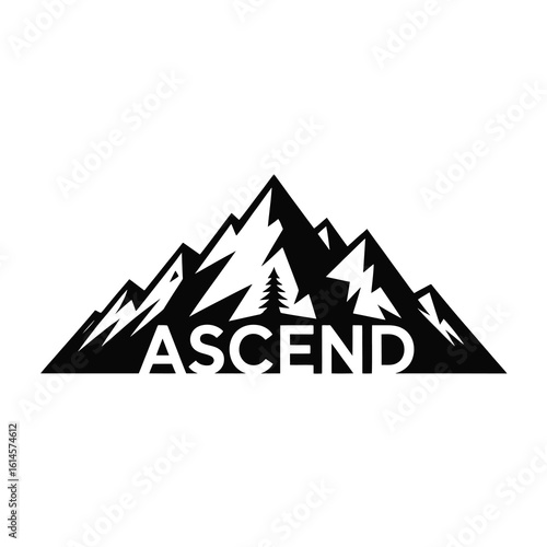 Mountain range silhouette with the word ascend isolated on white background