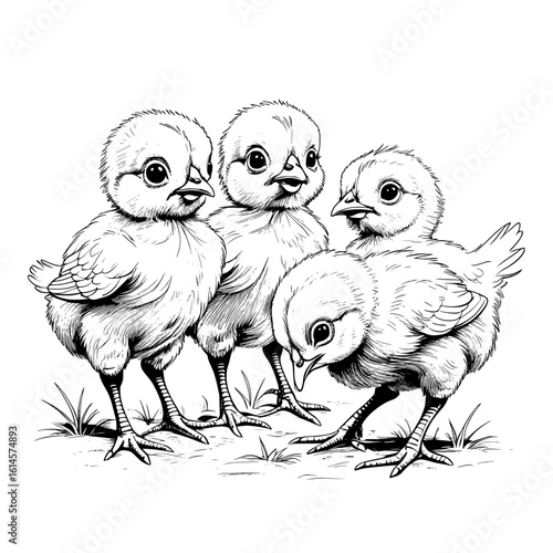 Four fluffy baby chicks standing on farm field drawn in black outline
