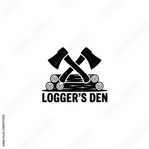 Two crossed axes on logs with text logger s den silhouette isolated on white background
