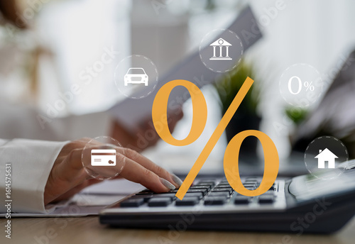 Woman using calculator for financial calculation, percent interest rate, banking, savings and tax planning, investment analysis accounting, finance consulting, sme loan and business financial strategy