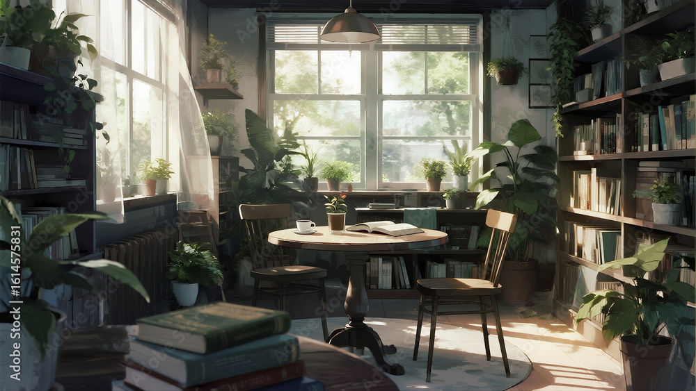 A room with a table and chairs, a potted plant, and a window A room with a table and chairs, a potted plant, and a window