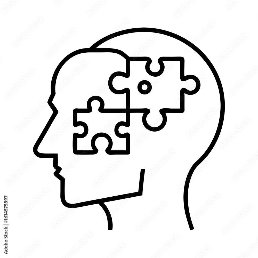 Vector art of an outline illustration depicts a human head profile with puzzle pieces fitting together inside the brain area symbolizing thought and problemsolving Vector art of an outline illustration depicts a human head profile with puzzle pieces fitting together inside the brain area symbolizing thought and problemsolving