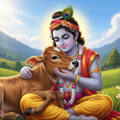 Lord Krishna and Calf in Lu...
