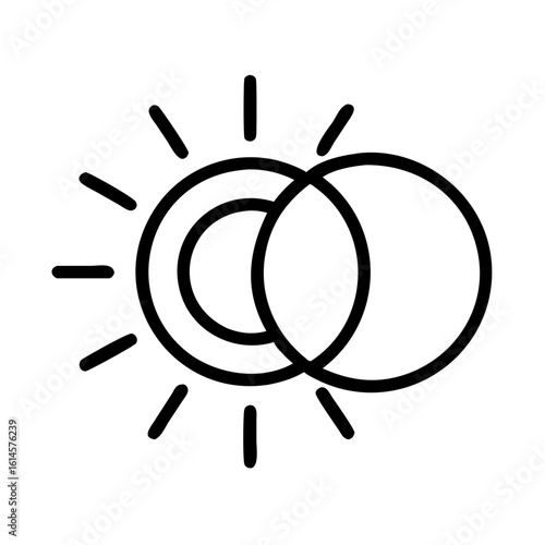 Vector art of a minimalist black and white icon representing a solar eclipse with the sun partially obscured by the moon