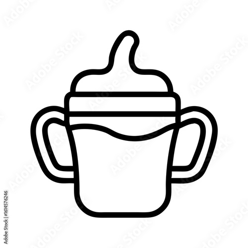 Vector art of a black and white line art illustration of a baby sippy cup with two handles and a soft spout representing early childhood feeding and hydration
