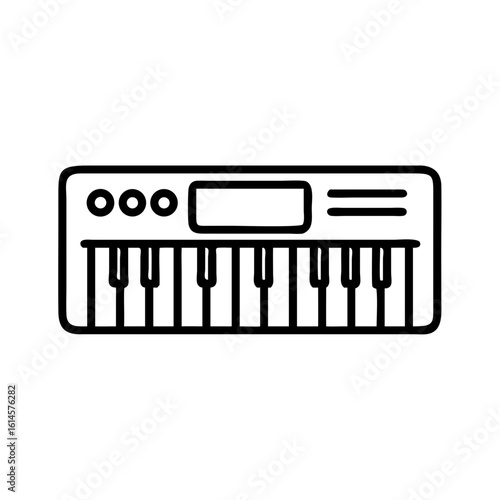 Vector art of a simple black and white outline illustration of a portable electronic keyboard or synthesizer with keys and control buttons