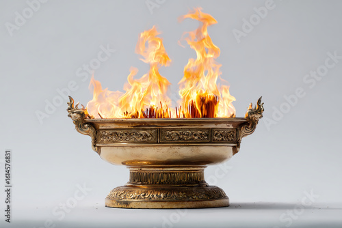 Festive ceremonial brazier with vibrant flames and golden incense during temple celebration