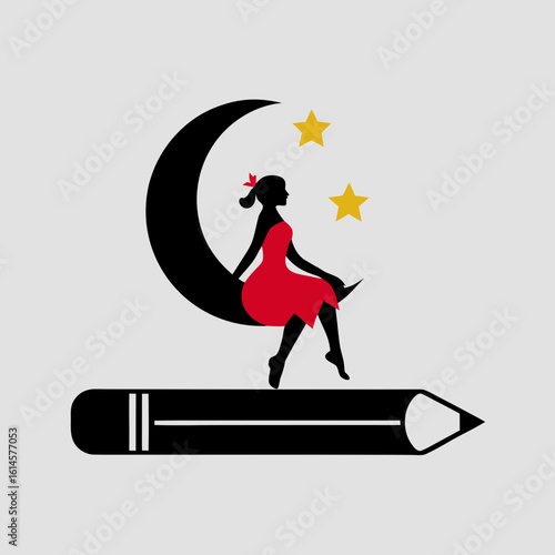 Woman in red dress sitting on crescent moon above pencil with stars vector