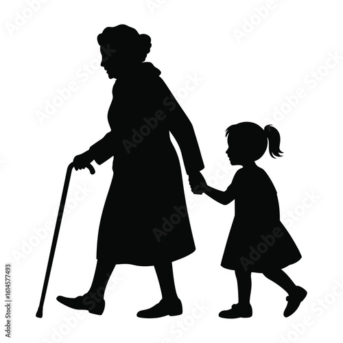 Grandmother and Grandchild Walking Together Silhouette, Intergenerational Bond