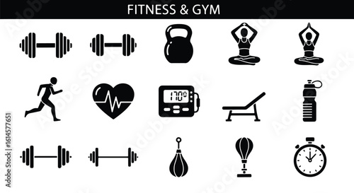 Vector Silhouette Icon Set -  fitness and gym icons including dumbbells, kettlebells, yoga poses, running, and a stopwatch editable line icon set