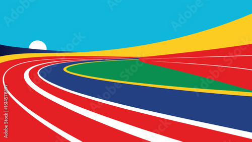Vibrant abstract illustration of a running track curving towards a bright sun
