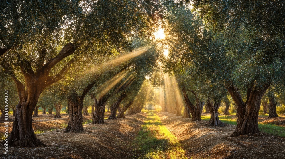 Naklejka premium Golden rays of sunlight filter through the branches of olive trees, creating a tranquil atmosphere in a lush grove at dawn. Nature's beauty is showcased in this peaceful setting.
