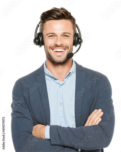 Confident male call center agent with headset isolated on transparent background