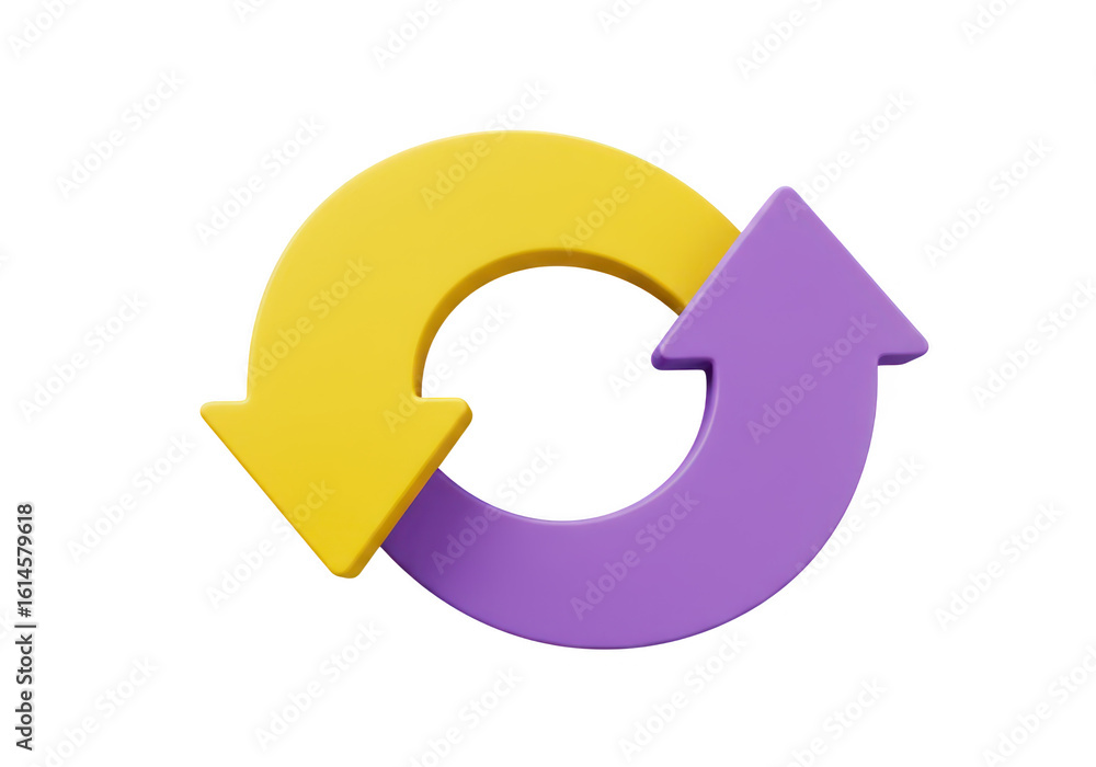 A 3d render of a circular refresh or reload icon with purple and yellow arrows, isolated on a transparent background