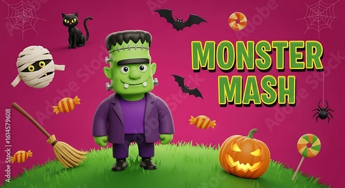 Friendly Halloween Monster Mash 3D Render:  Cartoon Frankenstein, Mummy, Cat, Bats, Spider, Candy, and Jack-o'-Lantern.