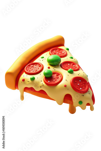 Melted pizza slice with toppings.