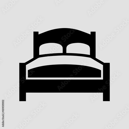 Black graphic icon of a simple bed with two pillows and a blanket vector