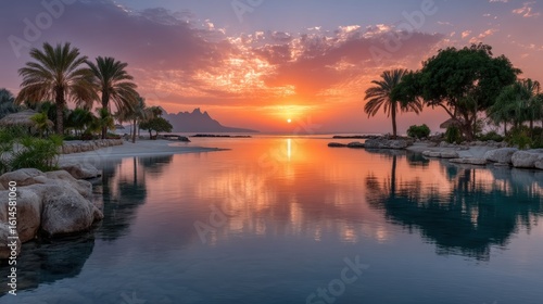 Stunning Tropical Beach Sunset Reflection Merging with Vibrant Sky Creates a Paradise Of Colorful Tranquility and Serenity in Art