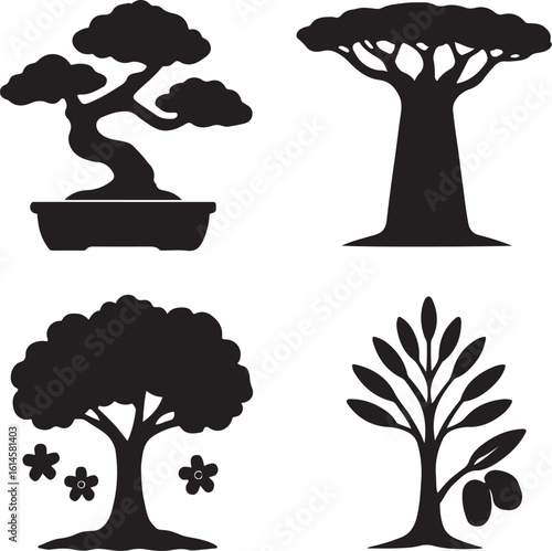 A vector illustration of silhouettes of various trees including bonsai, baobab, olive, and flowering trees isolated on white background