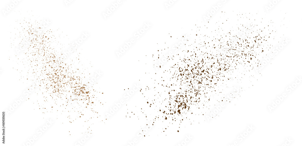 Splatter-isolated flying cocoa powder or chocolate dust particles background Splatter-isolated flying cocoa powder or chocolate dust particles background