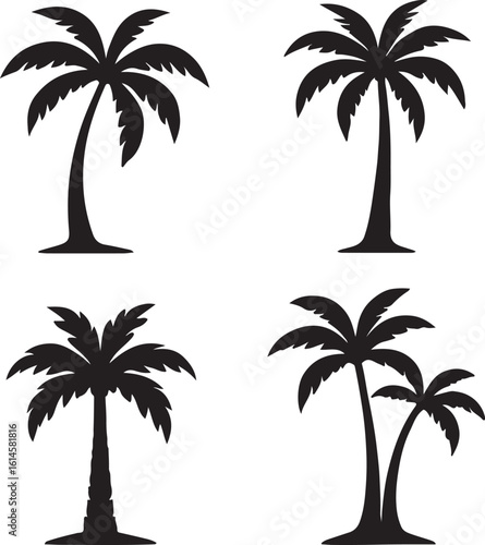 A vector illustration of four different palm tree silhouettes are isolated on white background, creating a tropical and summery vibe