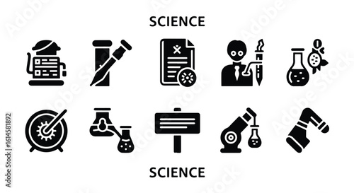 Vector Silhouette Icon Set -  science and research icons representing various laboratory experiments and scientific discoveries editable line icon set