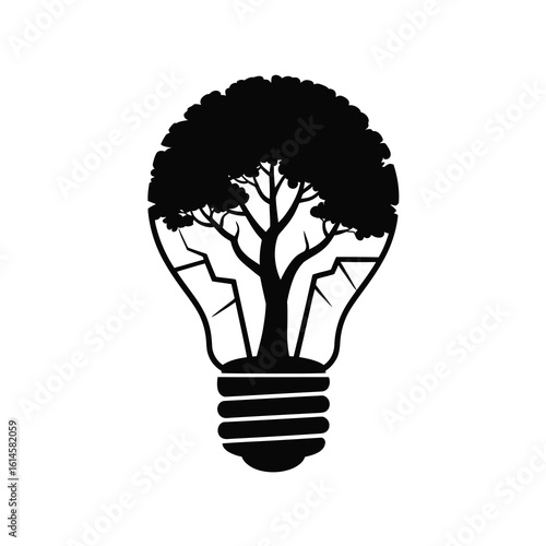 Tree growing inside light bulb silhouette isolated on white background