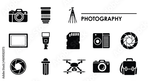 Vector Silhouette Icon Set -  essential photography equipment and icons representing the art of capturing images editable line icon set