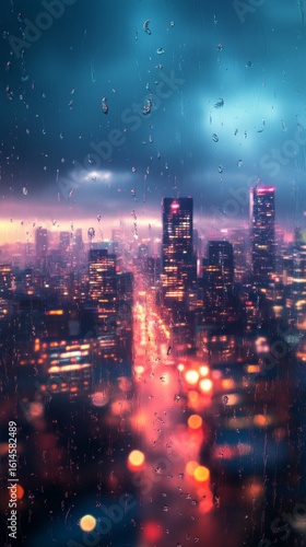 City Skyline at Night Through Rainy Window Urban View