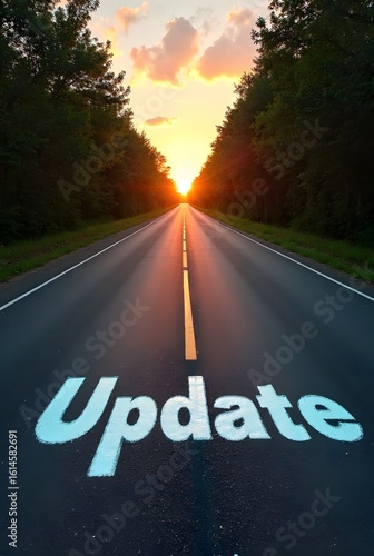 A scenic road stretches towards a vibrant sunset, symbolizing progress and new beginnings, vertical composition. The word Update is painted on the asphalt, emphasizing forward movement.