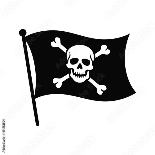 Black pirate flag with skull and crossbones silhouette isolated on white background