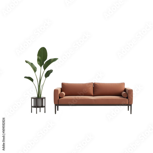 Modern living room scene with a couch and plant.