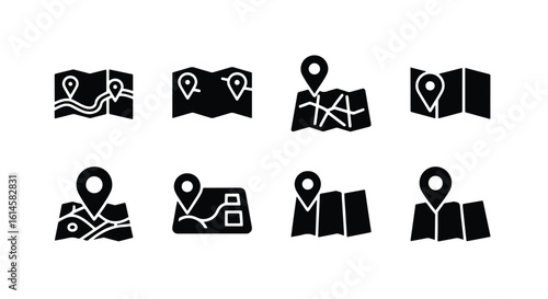 Collection of eight black map icons with location pins, isolated on a white background editable line icon set