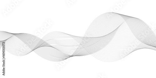 
"Dynamic Flowing Waves of Soft Grey: A Modern Abstract Design with Glowing Lines on White Background, Illustrating Futuristic Technology and Sound Wave Motifs"