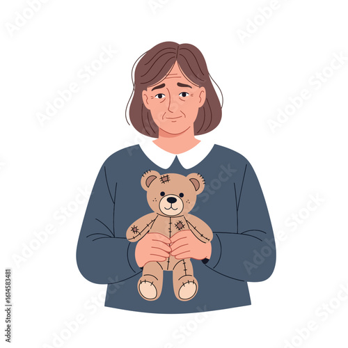 A sad elderly woman holding a worn teddy bear, conveying loneliness and nostalgia.