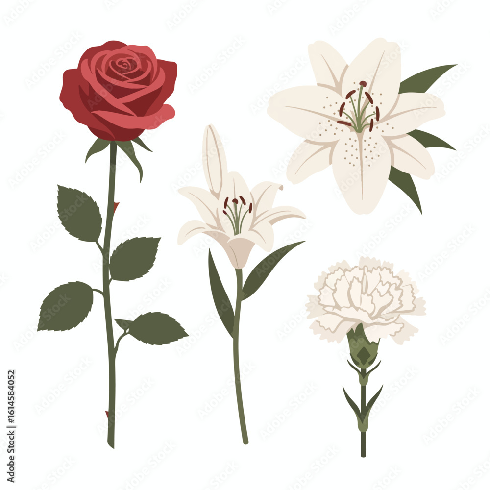 Obraz premium Illustration of various flowers, including a red rose and white lilies.
