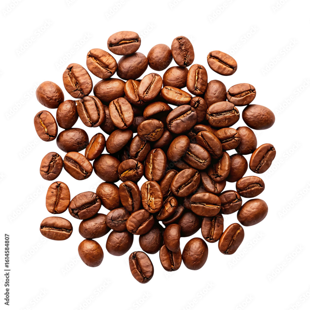 Naklejka premium Rich, aromatic roasted coffee beans artfully scattered, perfect for beverage branding, cafe decor, or culinary inspiration.