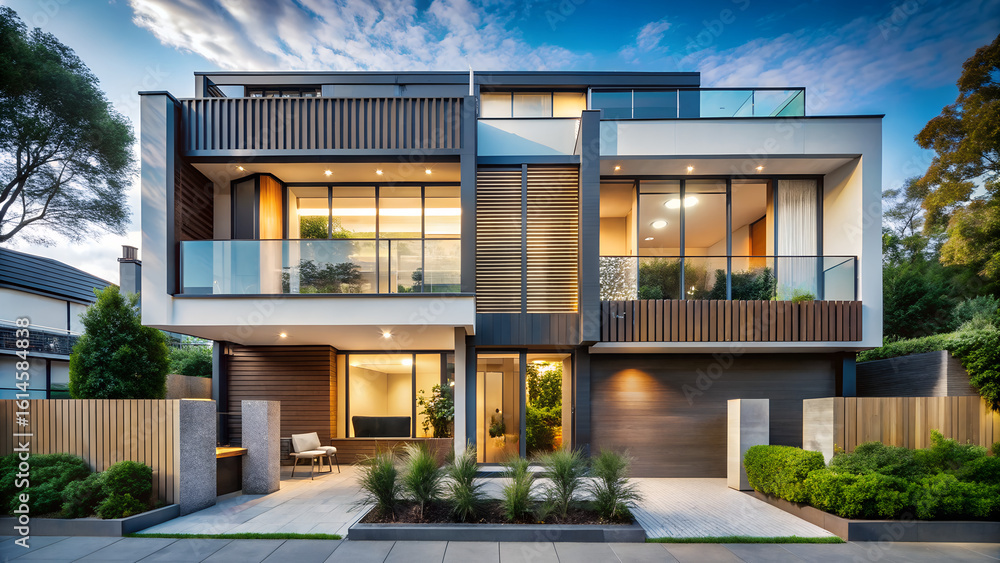 Fototapeta premium Contemporary townhouse with shared backyard and minimalist facade 