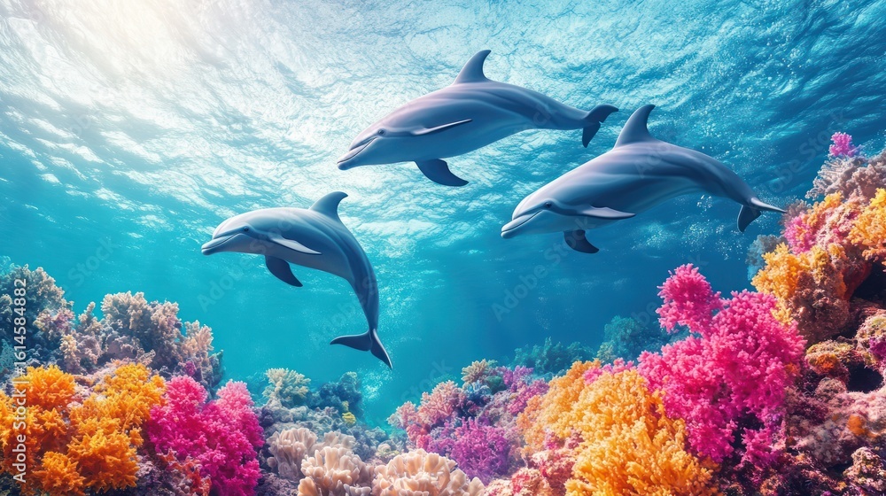 Obraz premium Three dolphins swim gracefully above a vibrant coral reef in a sunlit ocean