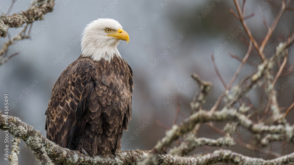 Fototapeta premium A bald eagle sits gracefully on an exposed branch, showcasing its striking features and powerful presence against a hazy morning backdrop.