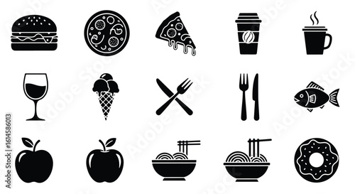 Vector Silhouette Icon Set -  black and white food and drink icons arranged in a grid editable line icon set
