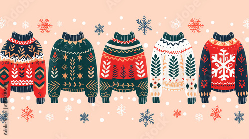Cozy winter sweaters with festive patterns and snowflakes