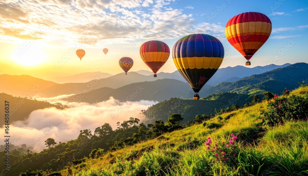 Naklejka premium Colorful hot air balloons gracefully fly over a captivating landscape, offering an adventurous and beautiful aerial view