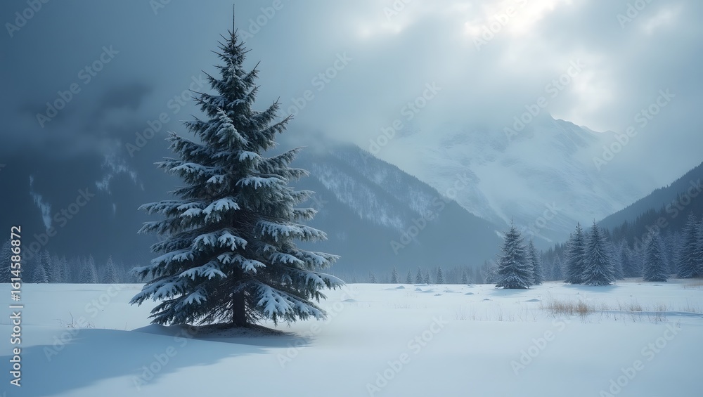 Fototapeta premium Lone Pine Tree in Pristine Snowy Winter Landscape Minimalist Nature Scene with Snow and Clear Sky