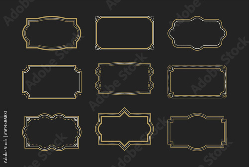 Vintage frames set. Elegant rectangular retro golden border isolated on black background. Old style Textbox collection. Decoration for wedding birthday new year christmas