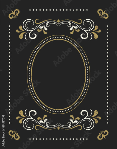 Vintage frame poster template with texture, copy space. Retro gold cards. Line calligraphic border. Floral royal engraving labels advertising place for text. Flourishes background. Greeting, wedding