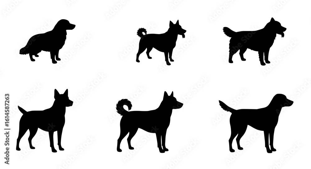 Fototapeta premium Canine Silhouettes: An illustrative collection of stylized black dog silhouettes showcasing varied poses and postures, perfect for graphic design, adding a touch of animal-inspired simplicity.